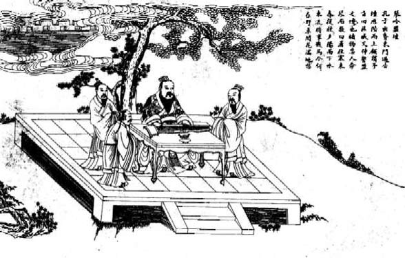 Woodblock print of Confucius teaching at the Apricot Tree Forum